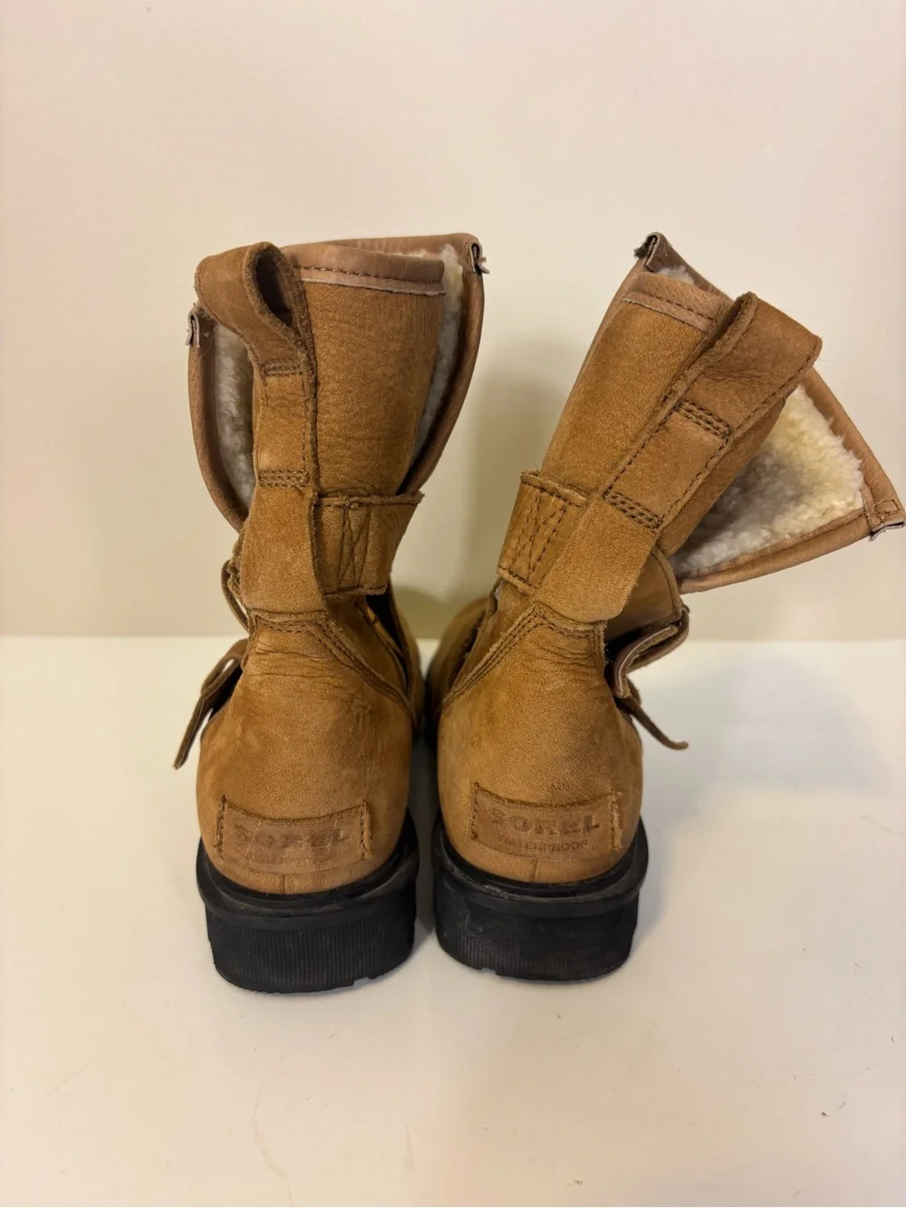 Sorel Tan Suede Buckle Combat-Style Fur Lined Mid Calf Boots Women’s 7